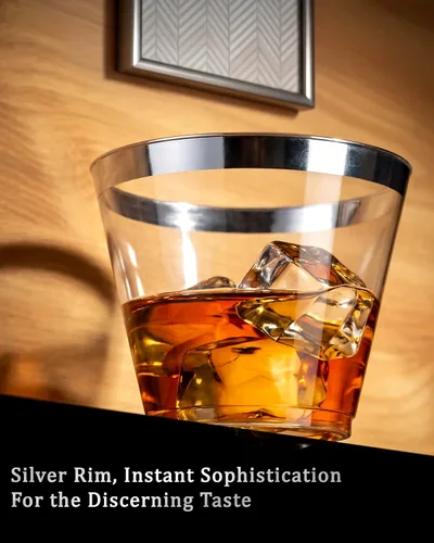 Miniatura 4 de Nervure 120 vasos de plástico plateados, vasos de plástico con borde plateado de 9 onzas, vaso de plástico resistente con borde plateado, perfecto
