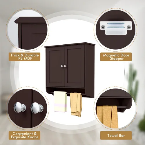 Miniatura 8 de Tangkula Armario de baño montado en la pared, botiquín de baño con barra y puerta doble, estante ajustable, almacenamiento sobre el inodoro, Marrón