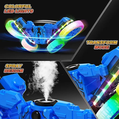 Miniatura 5 de Jimdella Juguetes de autos a control remoto, 2 en 1, auto transformado 4WD con spray y luces LED, camión de acrobacias todoterreno de 2.4 GHz