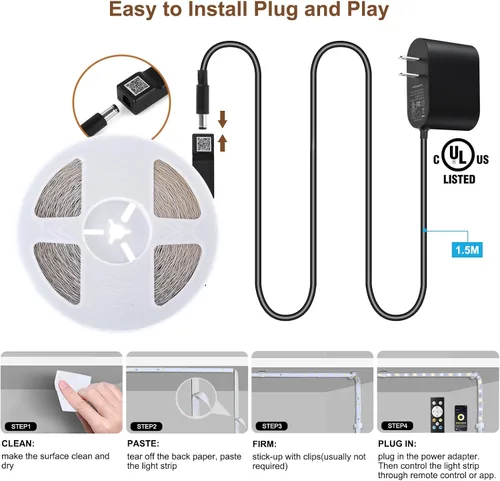 Miniatura 7 de Wefomey Tira de luces LED blancas, luz de cinta flexible regulable brillante de 24 V con control remoto y aplicación, fuente de alimentación