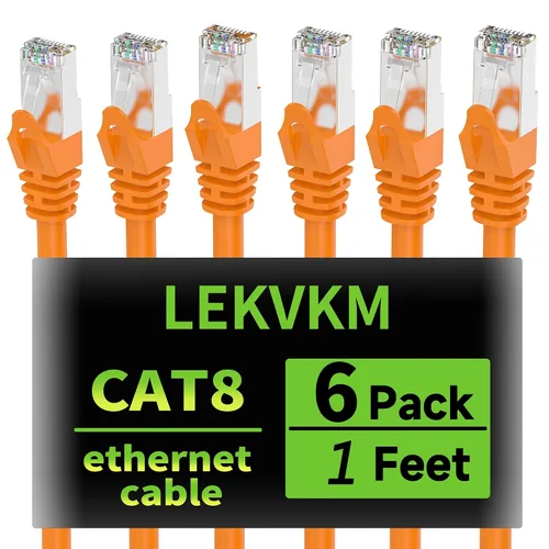 Miniatura 24 de Cable Ethernet Cat8 de 0.5 pies, paquete de 6 cables de red LAN blindados S/FTP, 40 Gbps 2000 MHz de alta velocidad, ideal para salas de servidores