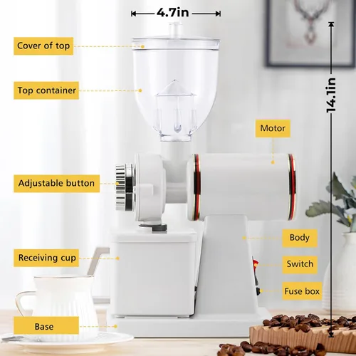 Miniatura 8 de Molinillo de café de Burr eléctrico, para uso comercial y doméstico, silencioso, pequeño, con tolva ajustable, con cepillo, cuchara, color blanco