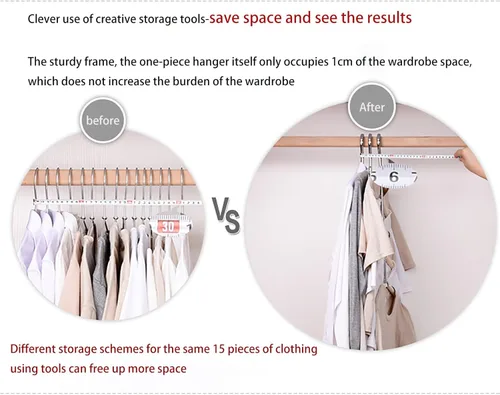 Miniatura 4 de Paquete de 3 perchas para blusas 5 en 1 que ahorran espacio, perchas acolchadas antideslizantes con brazo oscilante, acero inoxidable resistente
