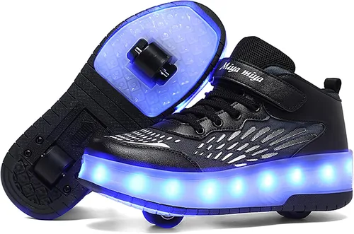 Miniatura 14 de Wooowyet - Tenis con ruedas y luces LED para niños y niñas, con ruedas, USB recargable, cierre de gancho y bucle