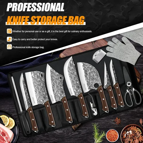 Miniatura 2 de MDHAND Juego de cuchillos de carnicero, 14 cuchillos de chef forjados a mano con bolsa de rollo, cuchillo de carne resistente, cuchillos de filete