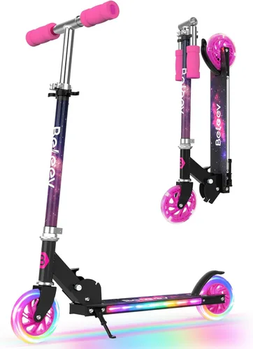 Miniatura 18 de BELEEV V1 Patinetas para niños, patineta plegable de 2 ruedas para niños y niñas, 3 alturas ajustables, ruedas iluminadas, patineta ligera con Rosa