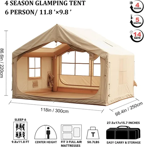 Miniatura 7 de SENLEETO Tiendas de campaña inflables para acampar de 6 a 8 personas, tienda de campaña inflable de lujo con puerto de CA, casa de tienda inflable