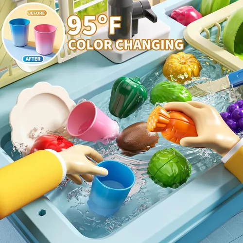 Miniatura 3 de JUKUDAHU - Lavaplatos de juguete con agua corriente, juguetes de cocina con fregadero para niños de 3, 4, 5, 6 y 7 años de edad, lavavajillas Azul