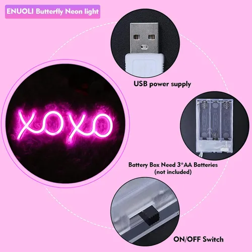 Miniatura 2 de ENUOLI XOXO - Letrero de neón rosa para dormitorio, letrero de neón rosa alimentado por USB, decoración de pared, decoración del hogar, letrero LED