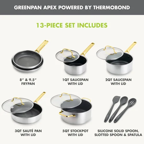 Miniatura 4 de GreenPan Hybrid - Juego de utensilios de cocina antiadherentes de acero inoxidable de 13 piezas, APEX Tri-Ply Thermobond PFAS, ollas y sartenes