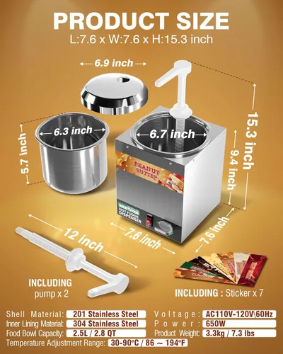 Miniatura 6 de WantJoin Dispensador de queso nacho con bomba, calentador de queso Nacho de 2.8 cuartos de galón, calentador de dulce de azúcar caliente de acero