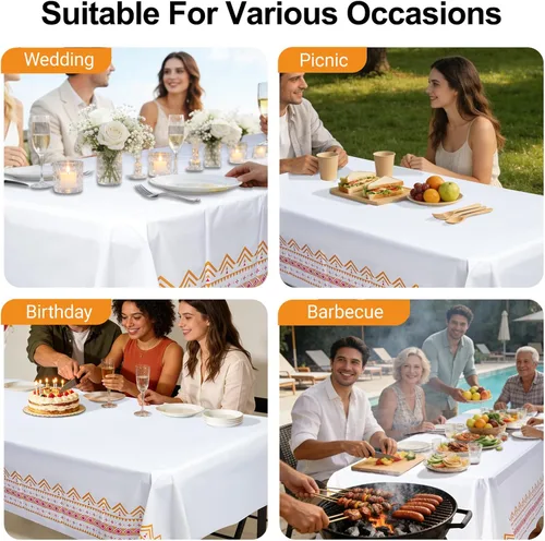Miniatura 6 de Paquete de 2 manteles de plástico blanco, 108 x 54 pulgadas, manteles rectangulares desechables bohemios para bodas, pícnics y fiestas