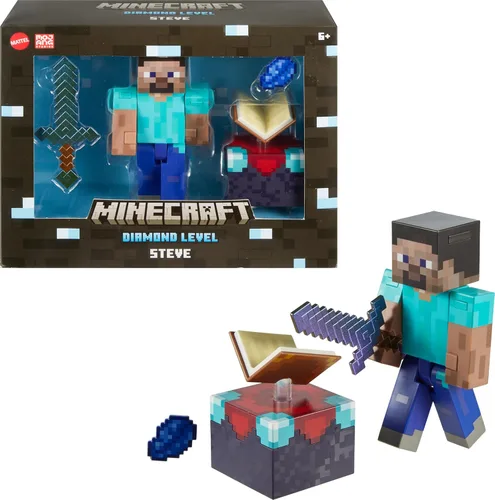 Mattel Minecraft Diamond Level Steve Figura de acción con 3 accesorios, escala de coleccionista de 5.5 pulgadas y diseño pixelado