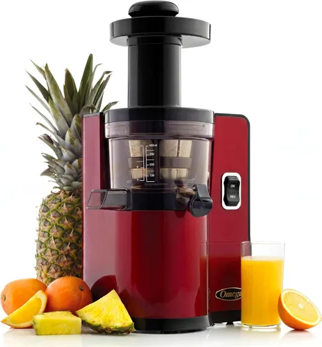 Omega Exprimidor en frío vertical 43 RPM de masticación lenta compacto para frutas y verduras, operación silenciosa con 3 etapas de husillo,