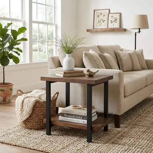 Miniatura 7 de Alaterre Furniture Pomona - Mesa auxiliar de madera maciza de 2 niveles con acabado natural y patas de metal, decoración moderna de granja