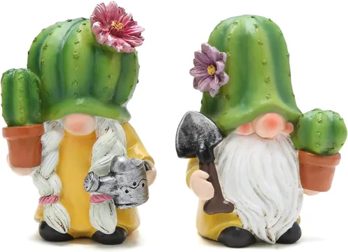Hodao Figuras de gnomo de cactus, bonitas estatuas de gnomo de resina pintadas a mano para decoración de primavera y verano, hogar y jardín, patio,