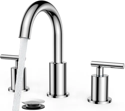 FORIOUS Grifo de baño cromado de 3 agujeros, 8 pulgadas, grifo de lavabo de baño de cromo pulido de 6 pulgadas con drenaje desplegable de metal y