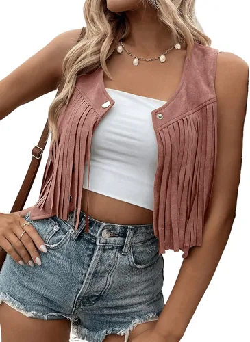 Miniatura 5 de SweatyRocks Chaleco corto sin mangas con flecos de gamuza para mujer, chaqueta con botones frontales