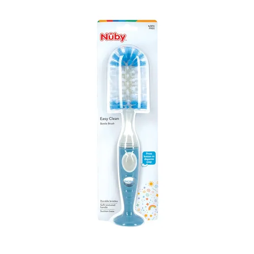 Miniatura 7 de Nuby Cepillo para botella de cerdas suaves y duraderas con asas texturizadas y base de succión, sistema 2 en 1, color azul