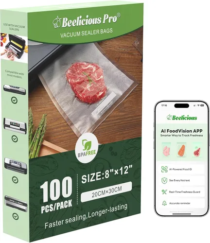 Bolsas de sellado al vacío precortadas Beelicious Pro para almacenamiento de alimentos, 100 unidades de 8" x 12" con bolsas de sellado al vacío