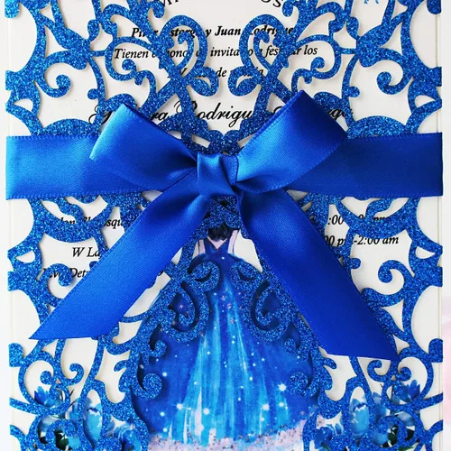 Miniatura 5 de 20 piezas de 5.12 x 7.28 pulgadas azul real con purpurina para invitaciones de boda con bolsillo floral hueco con sobres para invitación de Azul Rey