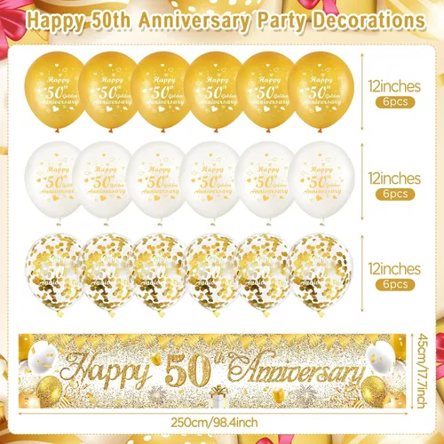 Miniatura 6 de Decoraciones de aniversario de boda de 50 años, pancarta de feliz 50 aniversario de oro blanco y 18 globos dorados de aniversario de boda 50