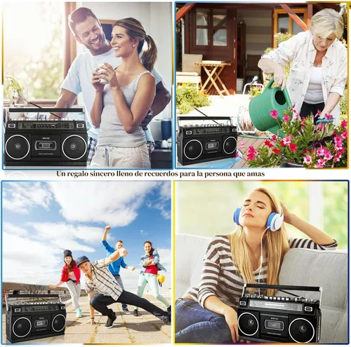 Miniatura 9 de Boombox portátil estilo retro clásico de los años 80 con reproductor grabador de casete, radio AM/FM/SW1/SW2, Bluetooth, ranuras USB/Micro SD