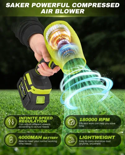 Miniatura 2 de Saker Soplador de hojas inalámbrico, limpiador de polvo portátil, sopladores de mano, 2 baterías de 4.0 Ah, 180.000 rpm, plumero de aire con Verde