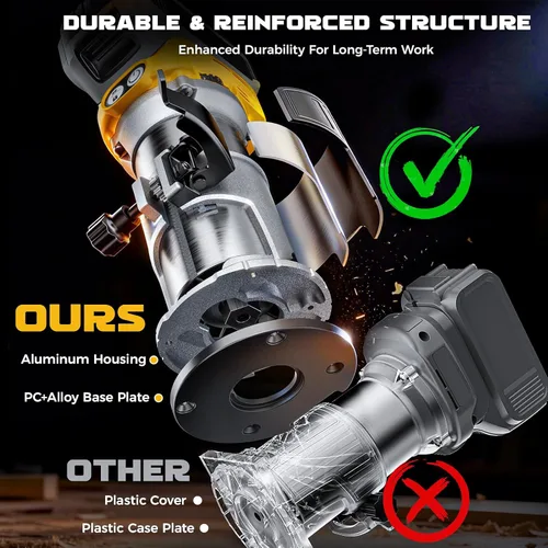 Miniatura 7 de DIYtoolifz Herramienta de enrutador inalámbrico compatible con batería DeWalt de 20 V (solo herramienta), enrutador de madera sin escobillas de 800