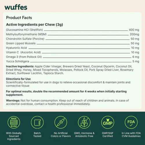 Miniatura 9 de Wuffes Suplemento avanzado para cadera y articulaciones de perro con glucosamina, condroitina, Omega 3, MSM y mejillón de labios verdes, 120