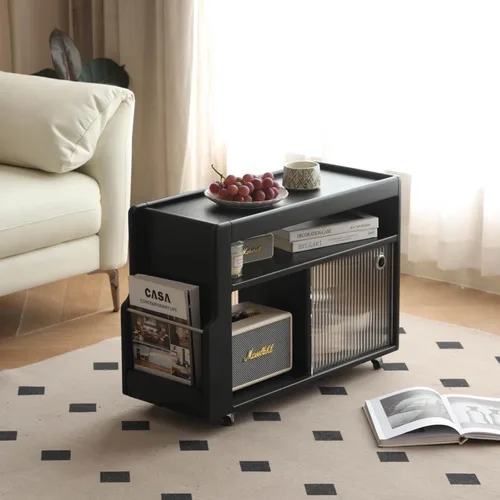 Mesa auxiliar de madera maciza con ruedas, mesa auxiliar estrecha con almacenamiento, mesa de noche rodante para dormitorio, sala de estar, comedor