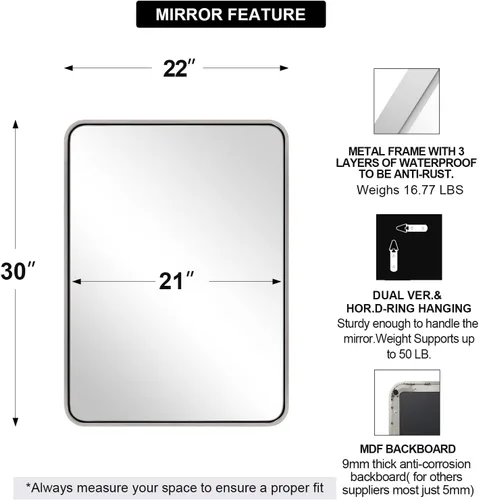 Miniatura 2 de ANDY STAR Espejo de Baño Cromado, 22x30'' Rectángulo Redondeado Espejo de Níquel Pulido para Tocador, SUS304-Anti-Óxido, Montado en Pared Cromo