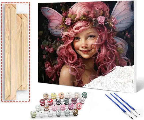 Miniatura 32 de Angel Girl - Pintura por números para adultos, corona de rosas rosadas, pintura al óleo digital, pintura acrílica, kit de pintura linda para niñas