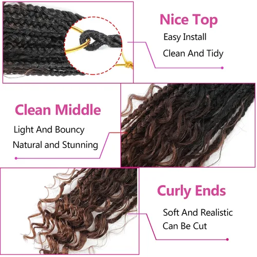 Miniatura 5 de Wodun Extensiones de Cabello de Ganchillo Goddess Box Braids de 12 pulgadas, Trenzas Box de Ganchillo con Extremos Rizados 3X Trenzas Box de 1B/4/30