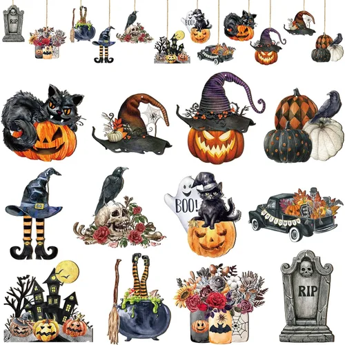 Huwena 36 adornos de madera de Halloween para árbol, adornos vintage de madera, decoraciones colgantes de Halloween, calabaza, bruja, gato negro,