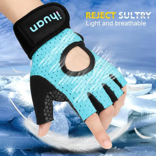 Miniatura 2 de ihuan Guantes transpirables para levantamiento de pesas: soporte de muñeca para ejercicio sin dedos Mejora la protección de la palma Agarre Verde