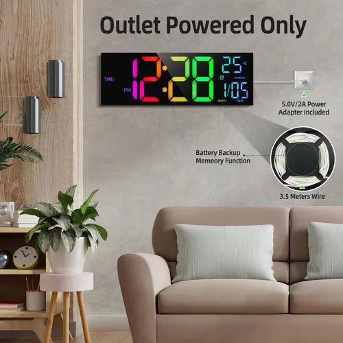 Miniatura 7 de HAITANG Reloj de pared digital de 8 colores, reloj digital grande de 16.2 pulgadas con temperatura, fecha, DST automático, luz nocturna, atenuador