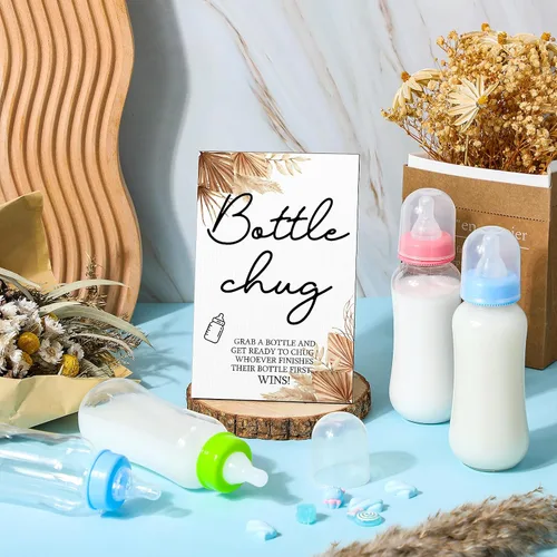 Miniatura 4 de Roowest Bottle Chug Baby Shower Game Favors 12 piezas de botellas de baby shower con 1 letrero de madera para revelación de género, suministros