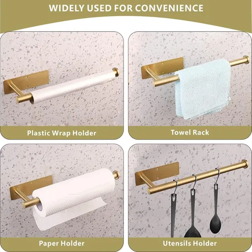 Miniatura 5 de Toallero de papel para debajo del gabinete, para cocina, soporte de pared, autoadhesivo o perforación, acero inoxidable 304 (dorado)