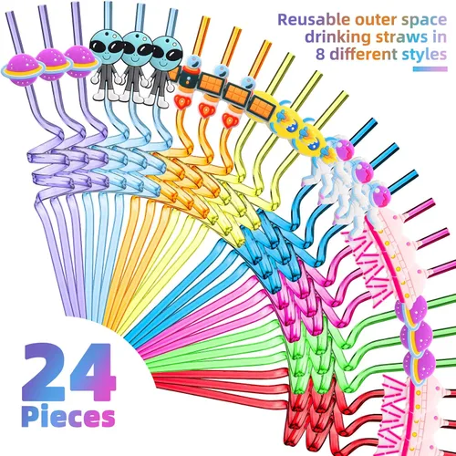 Miniatura 2 de Patelai 24 pajitas para el espacio exterior, regalos de fiesta de cumpleaños, sistema solar reutilizable, cohete de plástico, naves espaciales