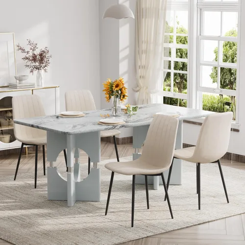 Moderno juego de mesa rectangular para 4, mesa grande de mármol sintético gris de 71 pulgadas con base de metal con marco hueco, y 4 sillas de