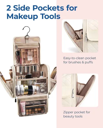 Miniatura 7 de BAGSMART Neceser de viaje para maquillaje con gancho para colgar, bolsa de cosméticos, organizador de gran capacidad, resistente al agua, para Beige