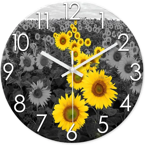 Miniatura 10 de XFM Reloj de pared de girasol de 12 pulgadas, silencioso, sin tictac, operado con pilas, decorativo, con flores amarillas, para cocina, sala