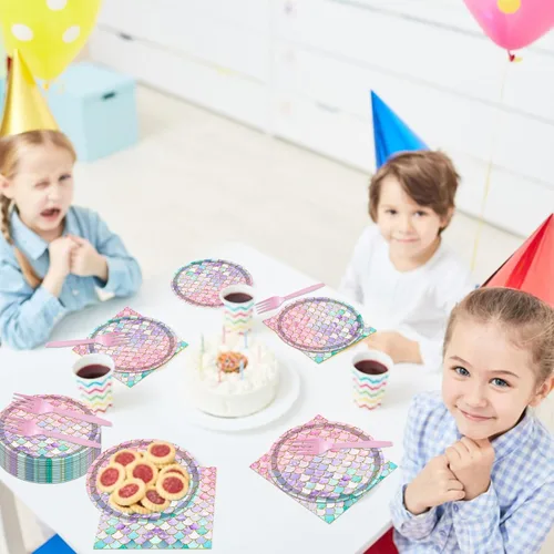 Miniatura 5 de Juego de vajilla de 96 piezas de platos y servilletas de sirena, suministros para fiesta de cumpleaños de sirena, decoración de fiesta de cumpleaños