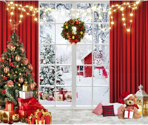 Miniatura 4 de Laeacco Telón de fondo de poliéster de 5 x 3 pies con ventana de Navidad, escenario de fotografía, árboles de Navidad, regalos, luces con purpurina