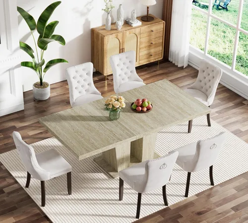 Miniatura 115 de Juego de mesa de comedor extensible marrón de 63 a 78.74 pulgadas para 4, juego de mesa de comedor de 5 piezas con 4 sillas, mesa de cocina