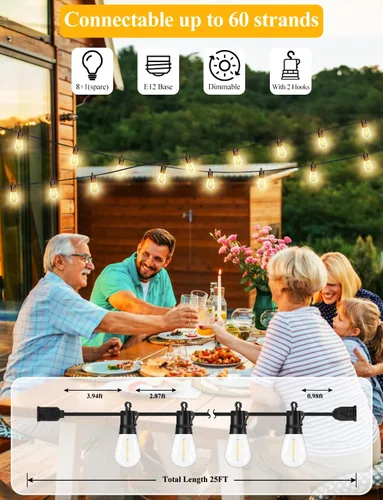 Miniatura 3 de Brightever Guirnalda de luces para exteriores de 25 pies impermeable, luces LED para patio con 8+1 bombillas Edison S14 inastillables, luces