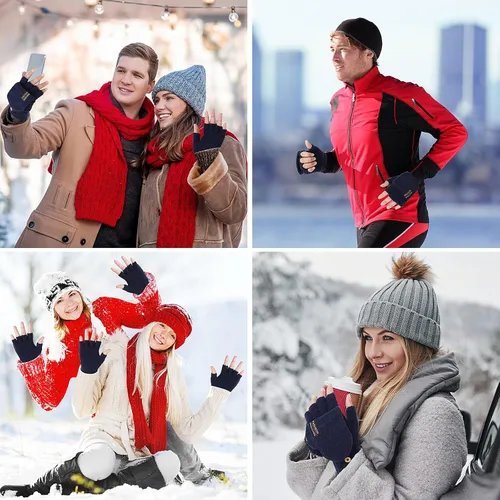 Miniatura 7 de THINP Guantes sin dedos para mujeres y hombres, guantes de invierno, guantes de lana cálida de punto sin dedos con tapa, guantes convertibles