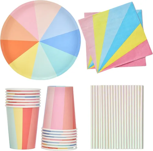 GGBOY Juego de 170 platos y tazas y servilletas para fiesta de arcoíris, colores pastel, suministros de platos de papel de orgullo colorido