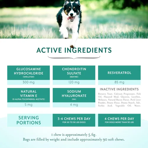 Miniatura 3 de Suplemento de apoyo para cadera y articulaciones para perros masticables suaves con resveratrol, glucosamina, condroitina, ácido hialurónico, sabor